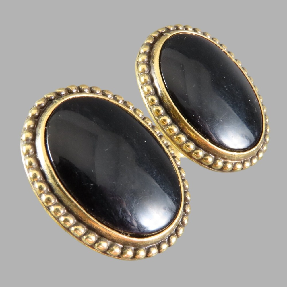 Vintage NAPIER CLIP-ON EARRINGS Black Oval Center BEADED FRAME Antique Gold Tone